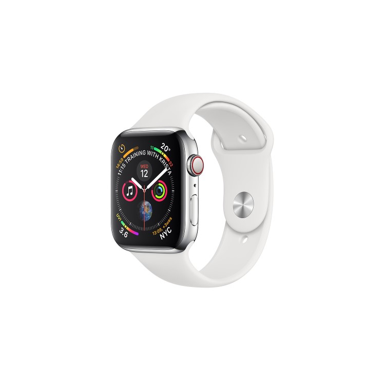 Apple Watch Series 4 GPS + Cellular 44mm Stainless Steel Case with White Sport Band