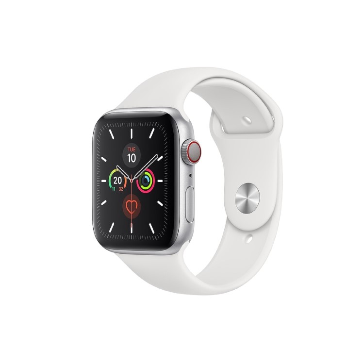 Apple Watch Series 5 GPS + Cellular 44mm Silver Aluminium Case with White Sport Band