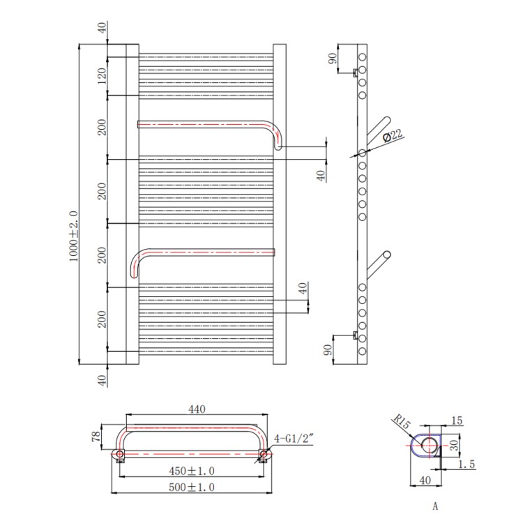 Brass Towel Radiator 1000 x 500mm - Nazco