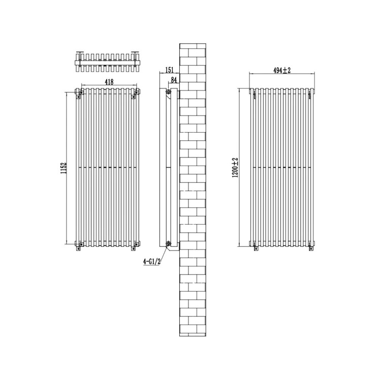 Black Vertical Double Panel Radiator 1200 x 500mm - Nevada