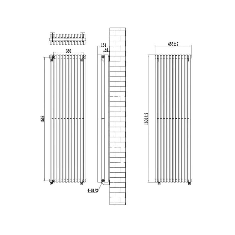 Black Vertical Double Panel Radiator 1600 x 450mm – Nevada