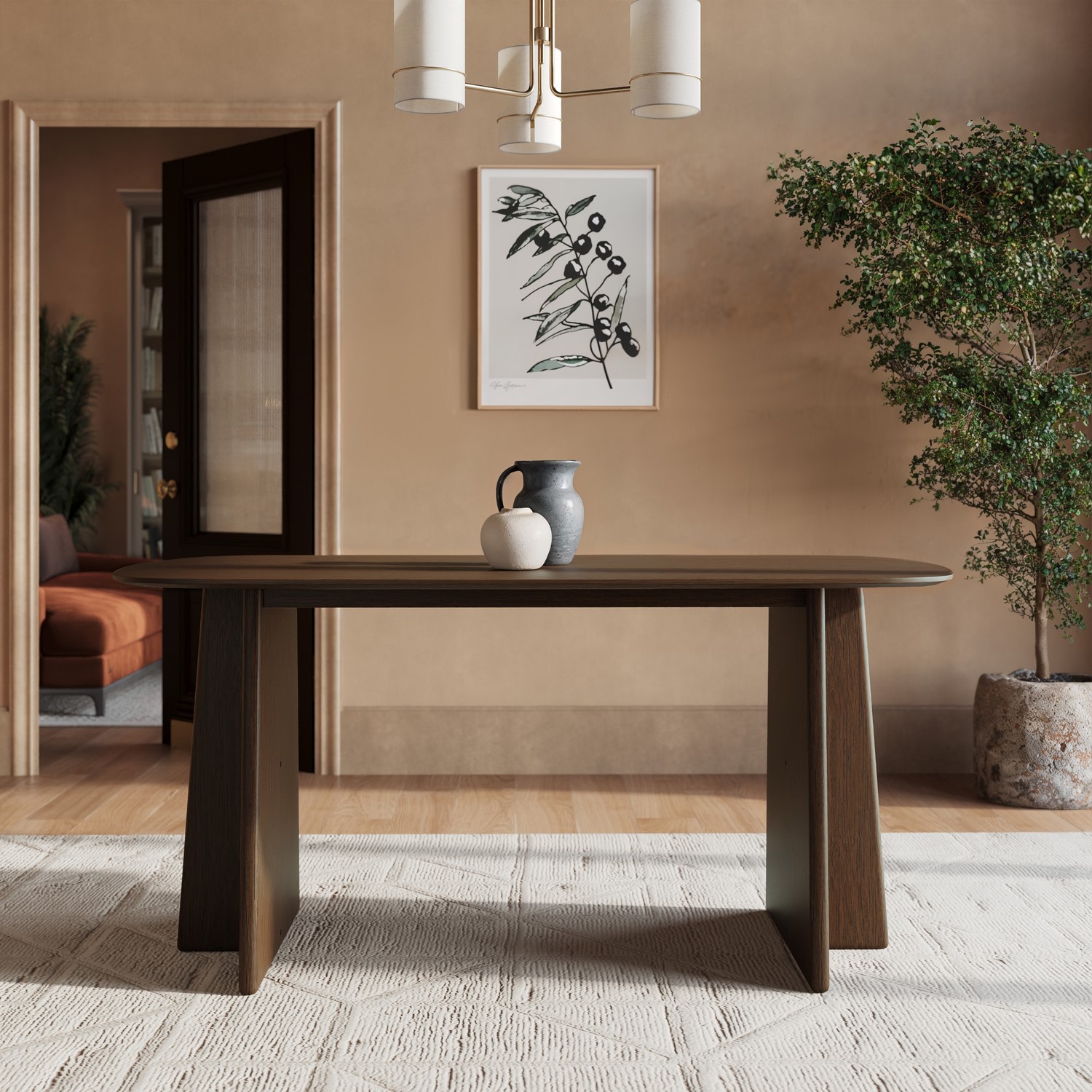 Brown Walnut Dining Table Set With 6 Beige Faux Leather Curved Back Dining Chairs - Seats 6 - Noor - Image 2