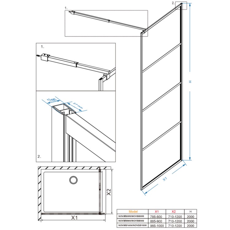 800mm Brushed Brass Grid Shower Screen for Wet Room & Walk In Shower - Nova