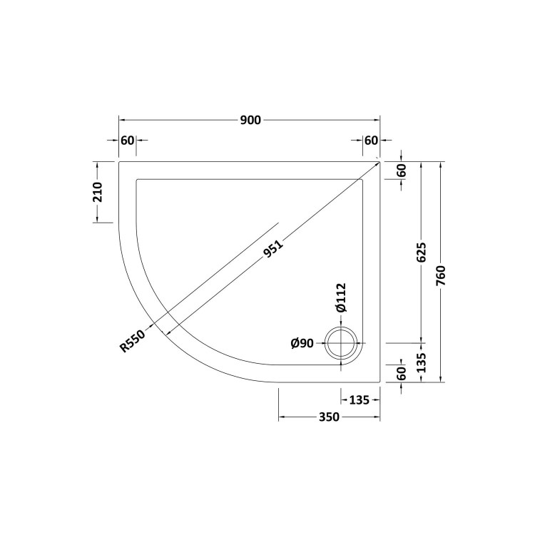 900x760mm  Low Profile Left Hand Offset Quadrant Shower Tray - Purity