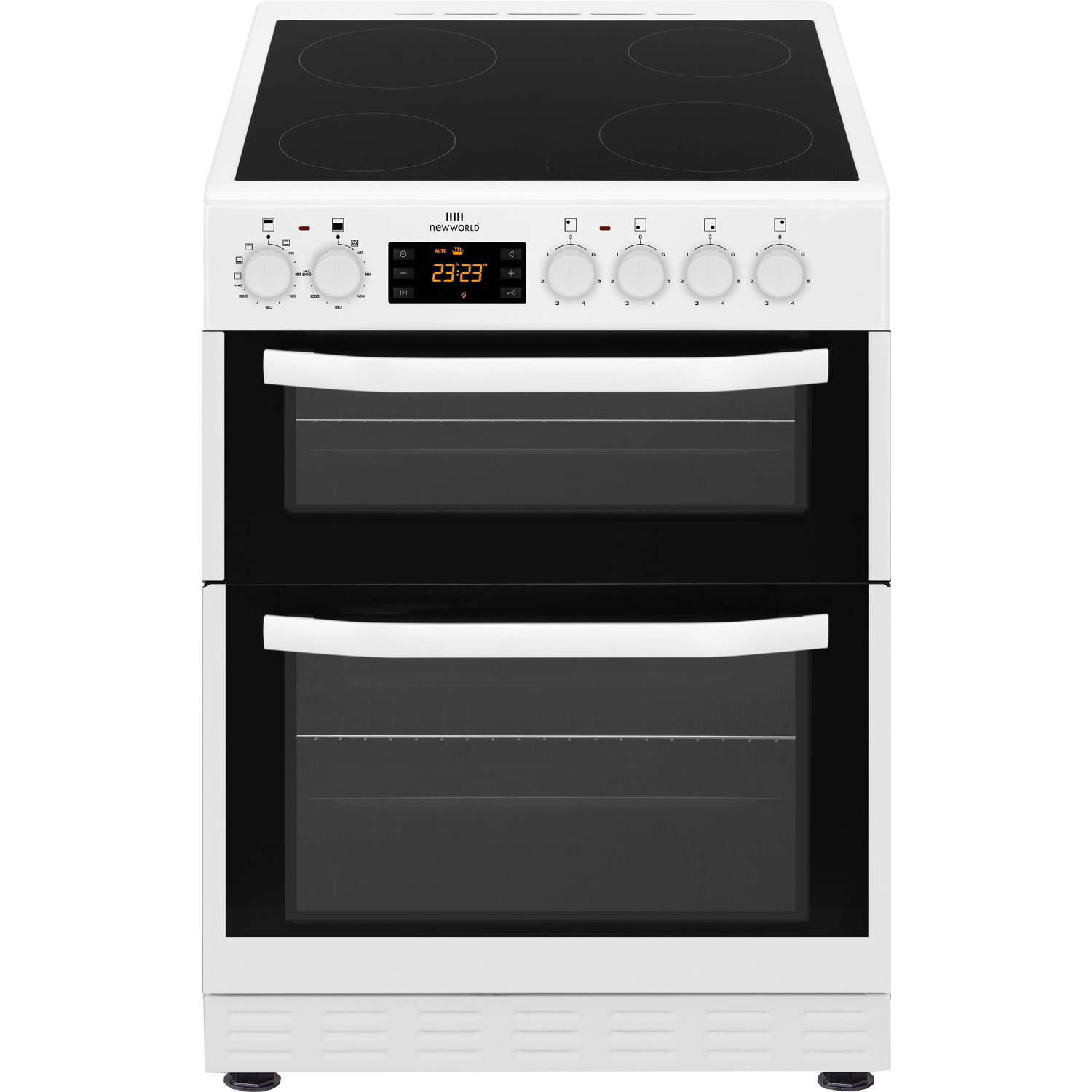 New World NWTOP62DCW 60cm White Electric Double Oven Ceramic Cooker