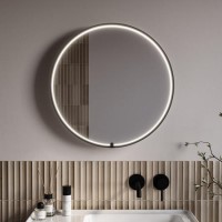 Round Black Heated Bathroom Mirror with Lights 600mm - Nyx Round Black Heated Bathroom Mirror with Lights 600mm - Nyx