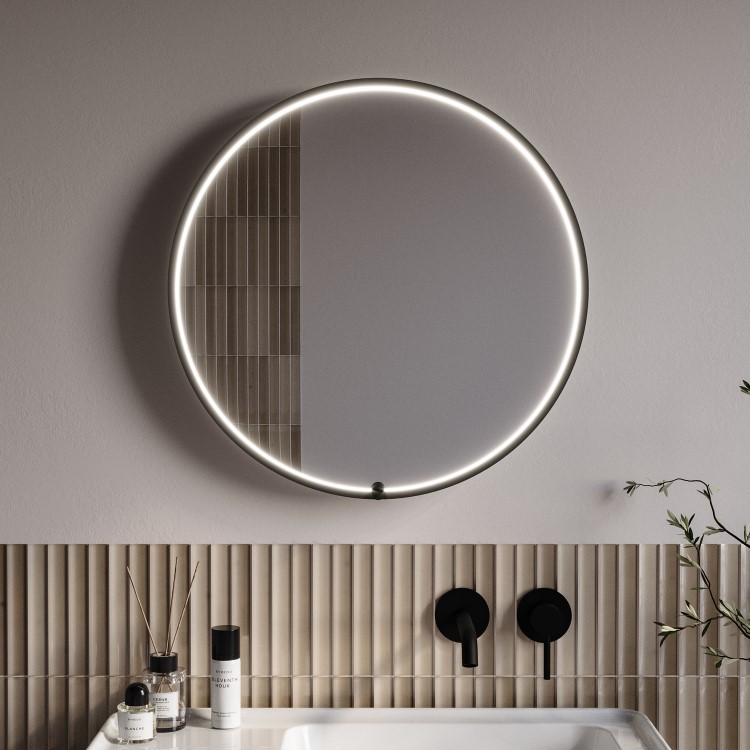 Round Black Heated Bathroom Mirror with Lights 600mm - Nyx