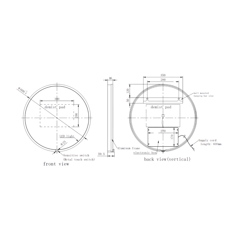 Round Black Heated Bathroom Mirror with Lights 600mm - Nyx