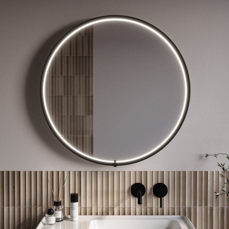 Round Black Heated Bathroom Mirror with Lights 800mm - Nyx