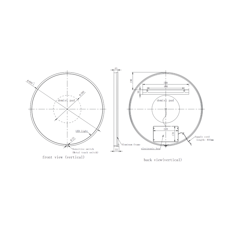 Round Black Heated Bathroom Mirror with Lights 800mm - Nyx