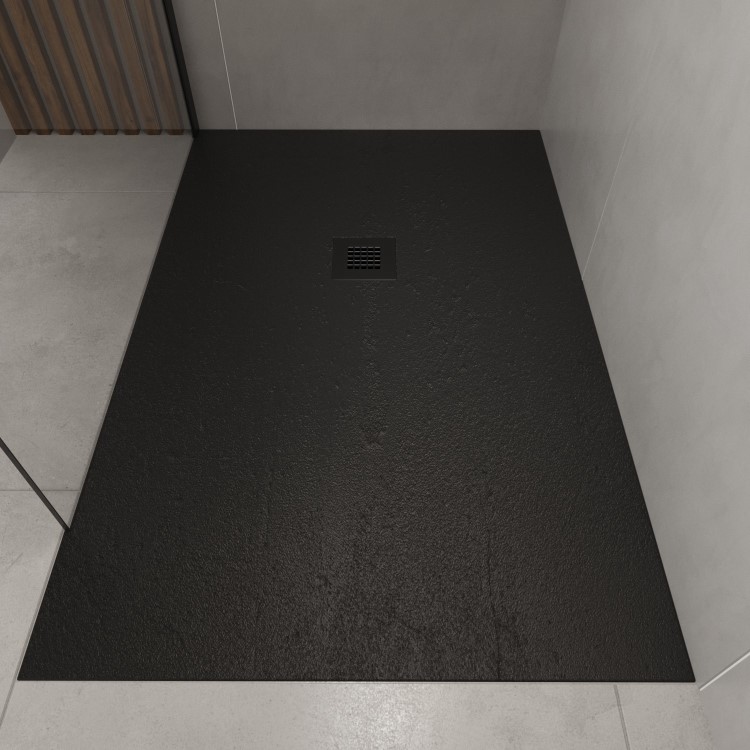 1200x900mm Rectangular Shower Tray 27mm with Grate - Black Stone Resin Slate Effect - Sileti