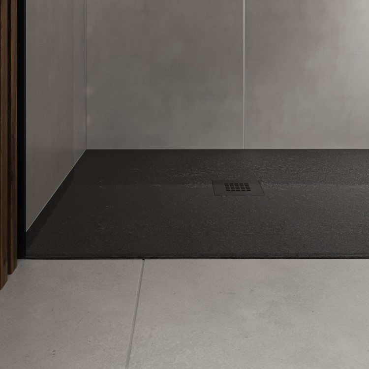 1200x900mm Rectangular Shower Tray 27mm with Grate - Black Stone Resin Slate Effect - Sileti