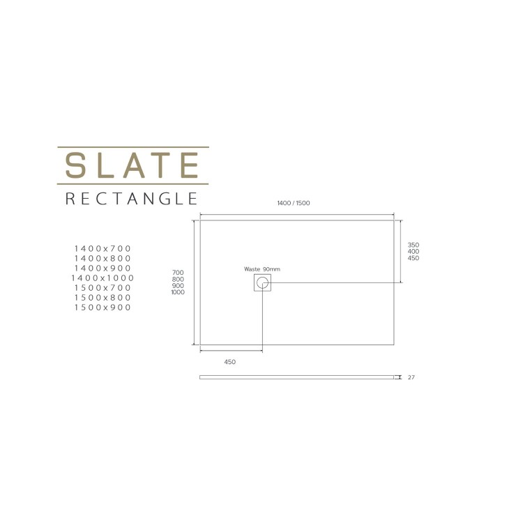 1400x900mm Rectangular Black Slate-Effect Shower Tray 27mm - Stone Resin - Sileti