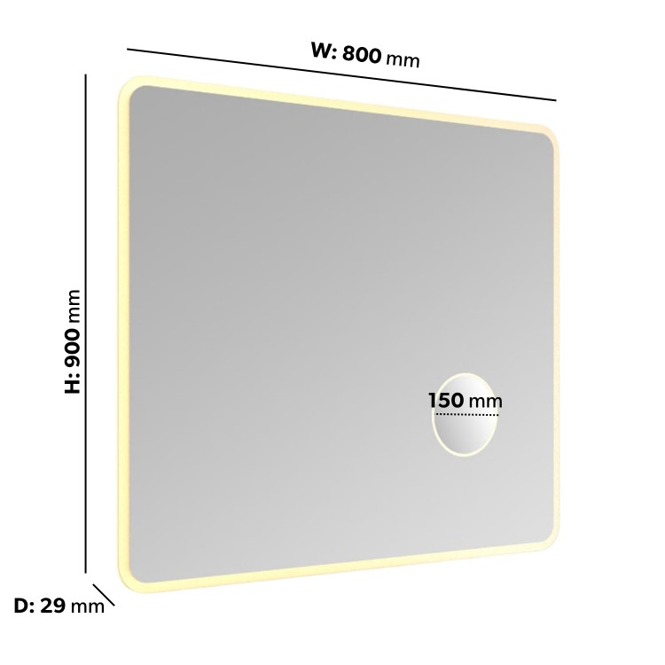Rectangular Heated Bathroom Mirror with Lights & Magnifier 900 x 800mm – Odin