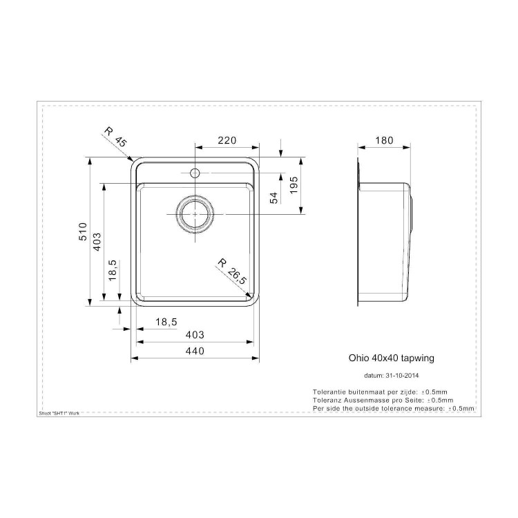 Reginox OHIO40X40TAPWINGCB Regi Color Ohio Tapwing 1.0 Bowl Black Stainless Steel Kitchen Sink