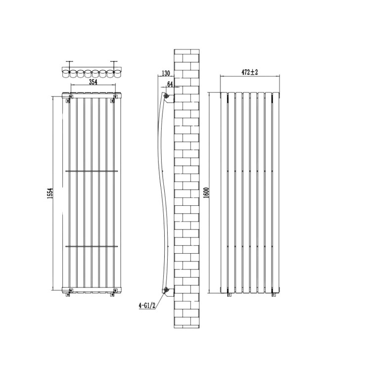Black Vertical Wave Designer Single Panel Radiator 1600 x 470mm - Opala
