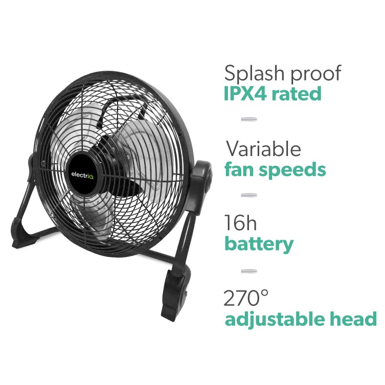 Refurbished electriQ 12-inch Rechargeable Quiet DC Floor Fan - Versatile Metal Body for Indoor Outdoor and Commercial Use - Black