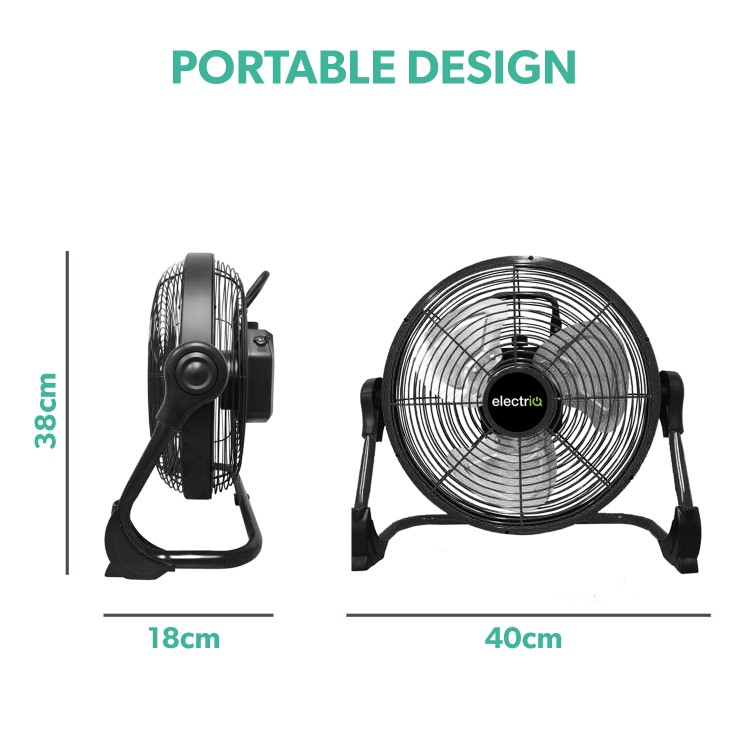 Refurbished electriQ 12-inch Rechargeable Quiet DC Floor Fan - Versatile Metal Body for Indoor Outdoor and Commercial Use - Black