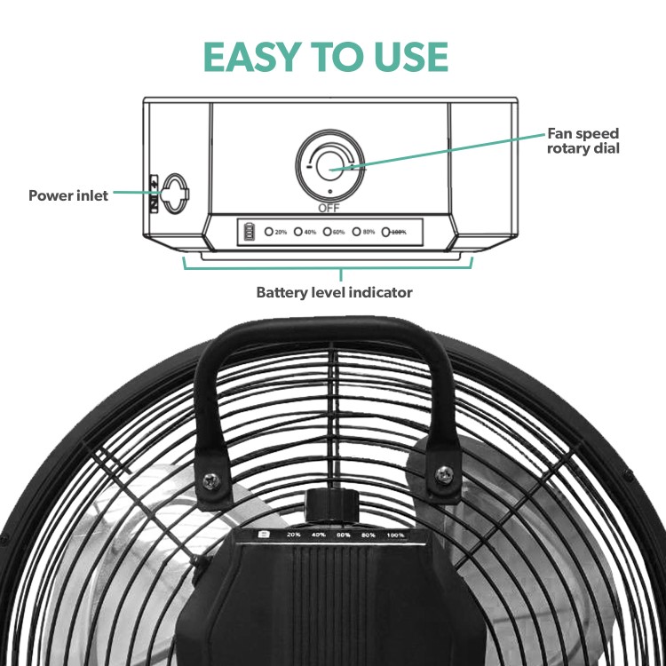 Refurbished electriQ 12-inch Rechargeable Quiet DC Floor Fan - Versatile Metal Body for Indoor Outdoor and Commercial Use - Black