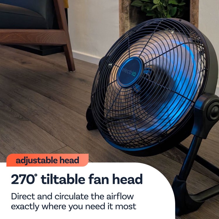 electriQ 12-inch Rechargeable Metal Body Quiet DC Floor Fan - Indoor & Outdoor Use - Black