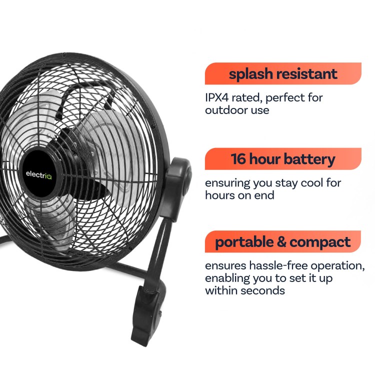 electriQ 12-inch Rechargeable Metal Body Quiet DC Floor Fan - Indoor & Outdoor Use - Black