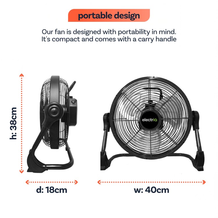 electriQ 12-inch Rechargeable Metal Body Quiet DC Floor Fan - Indoor & Outdoor Use - Black