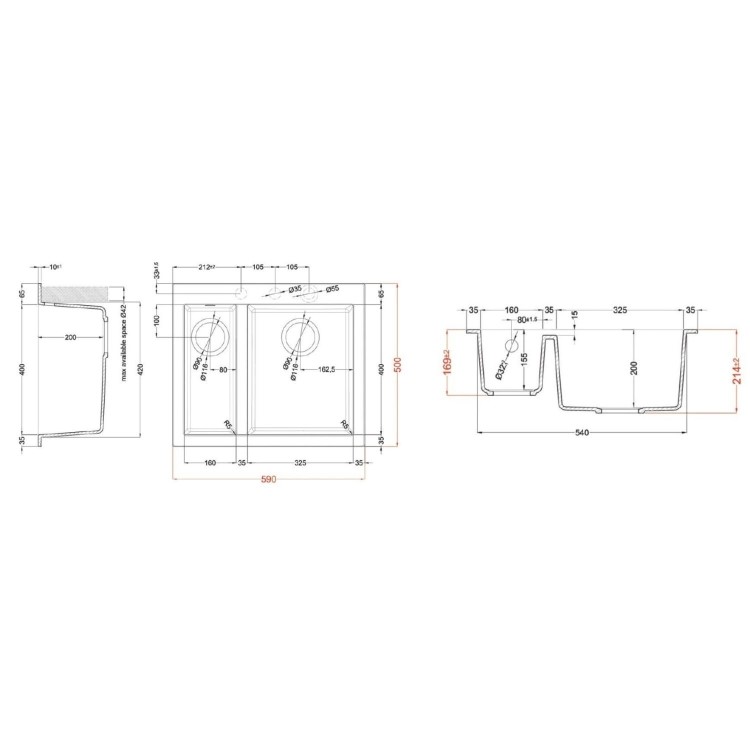 Rangemaster Oridian 1.5 Bowl Inset Granite Kitchen Sink - Grey