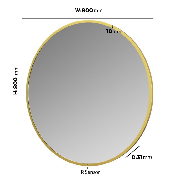 Round Brass Backlit Heated Bathroom Mirror with Lights 800mm – Orion