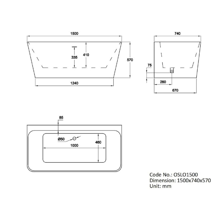 GRADE A2 - Freestanding Double Ended Back to Wall Bath 1500 x 740mm - Oslo