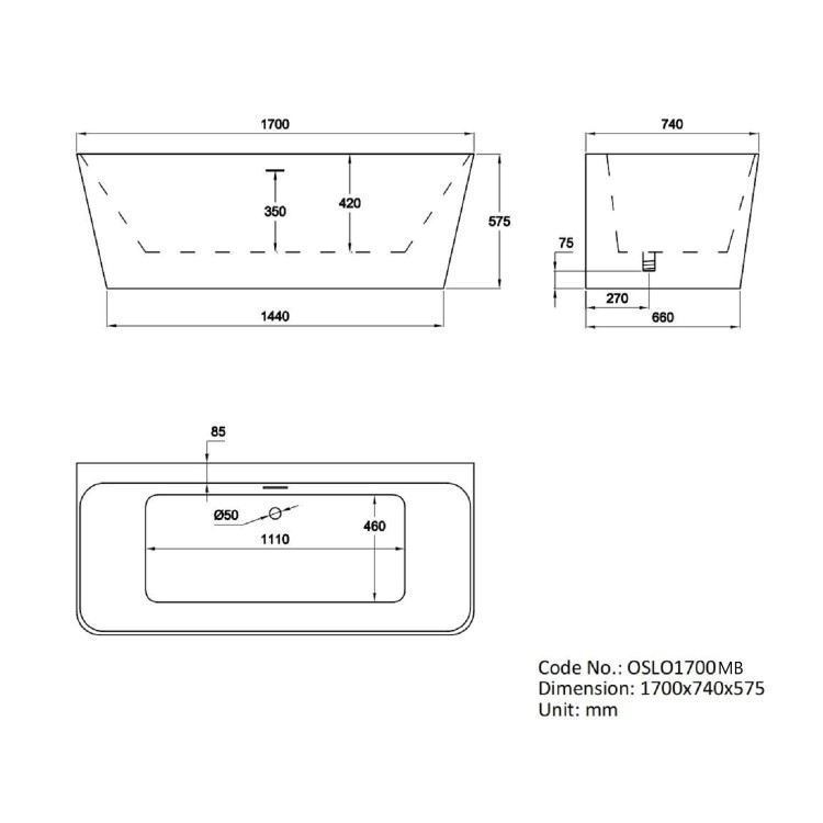 Matt Black Freestanding Double Ended Back to Wall Bath 1700 x 740mm - Oslo