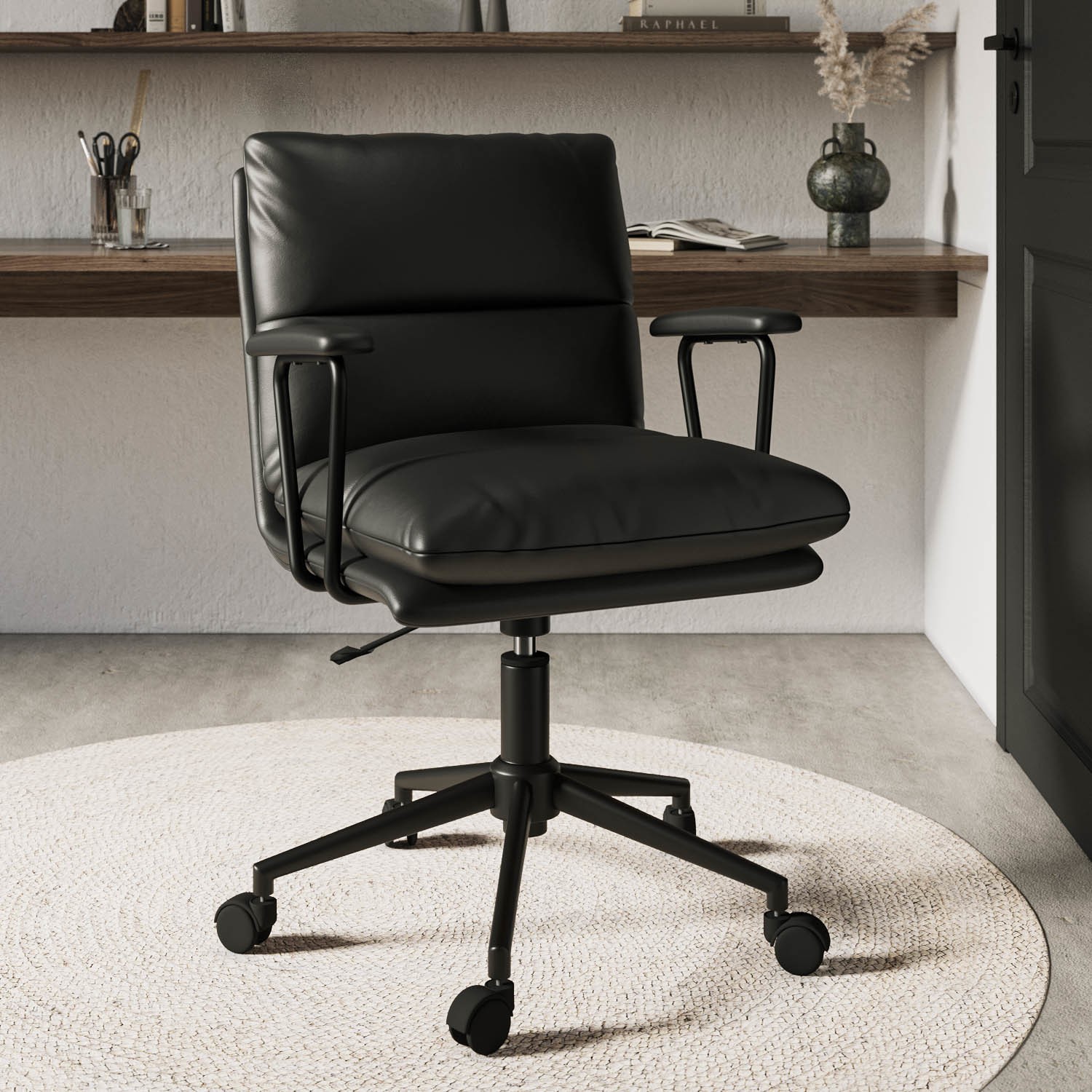 Black Faux Leather Swivel Office Chair -...
