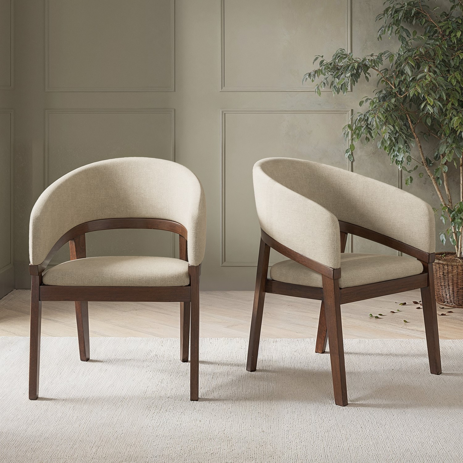 Set of 2 Walnut and Beige Upholstered Cu...