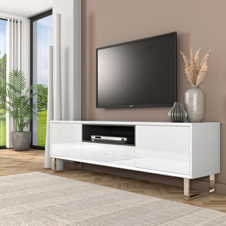 Large White Gloss TV Stand with Storage - TV's up to 77" - Paloma