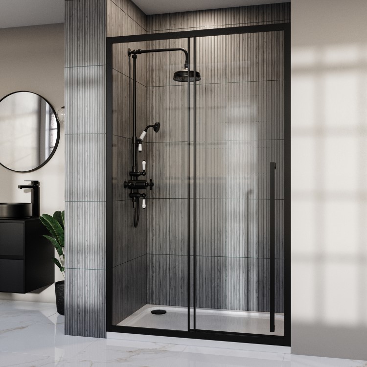 1200mm Black Sliding Shower Door 8mm Glass with Extended Handle - Pavo