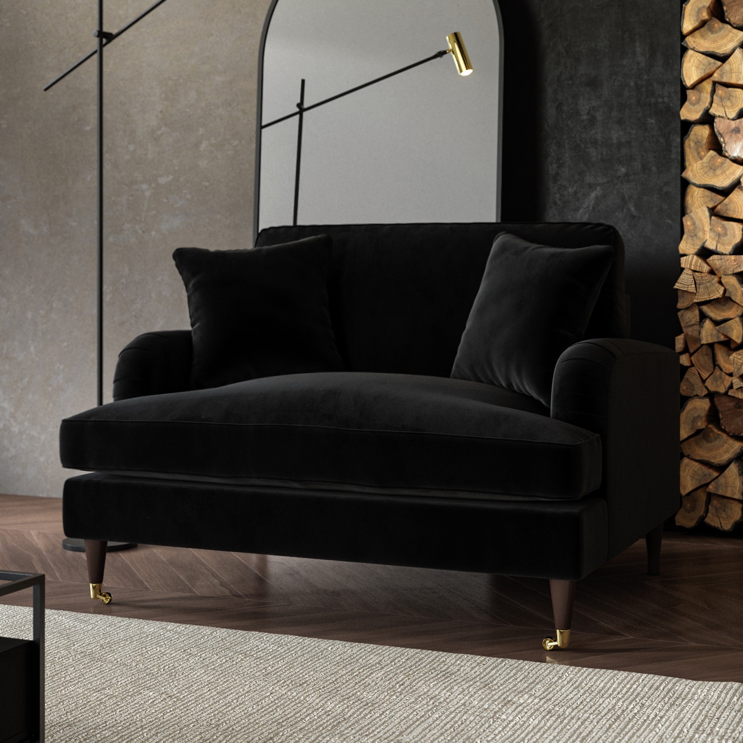 Black Velvet Loveseat with Dark Wood Gol...