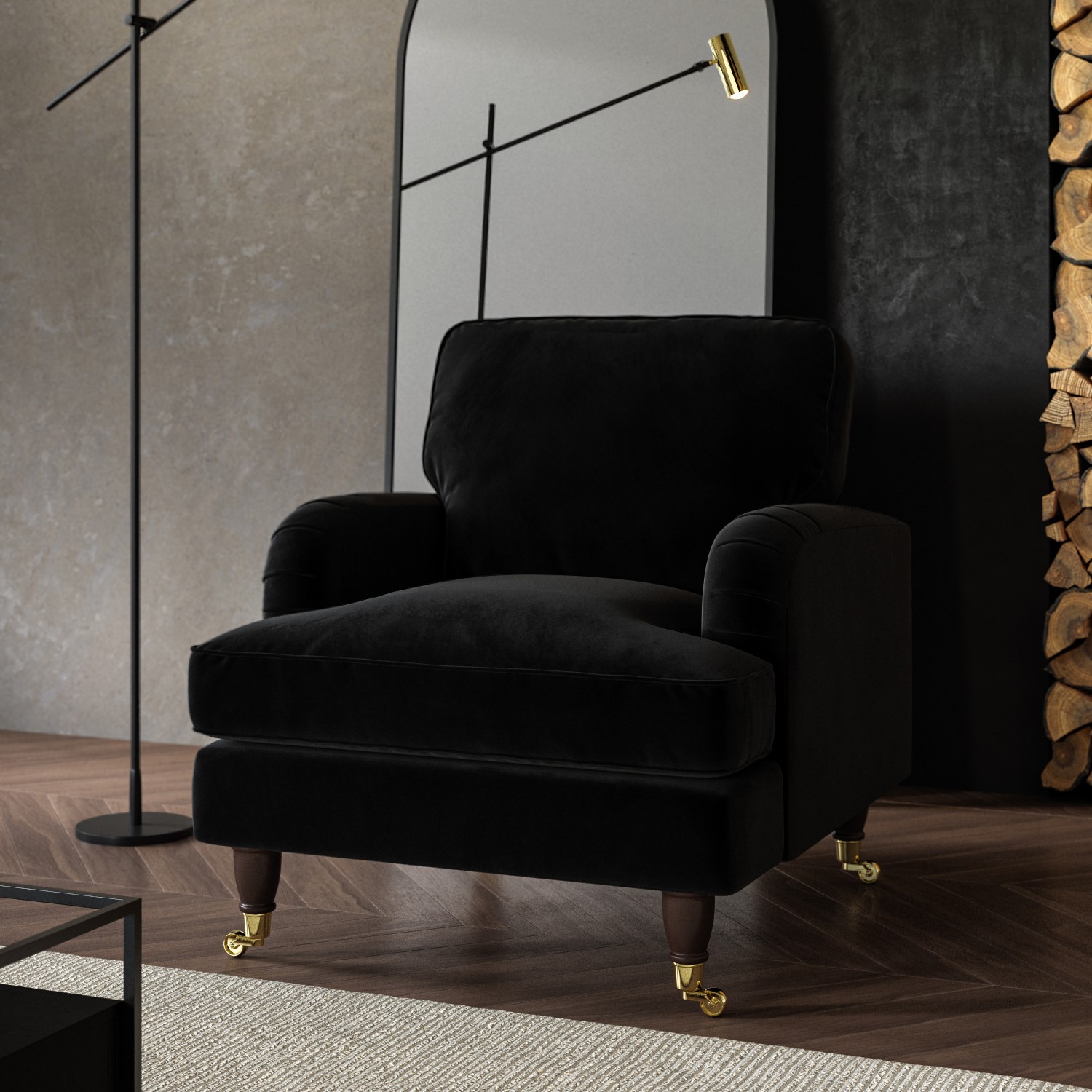 Black Velvet Armchair with Dark Wood Gol...