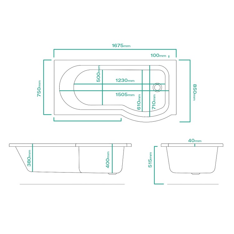 Portland Right Hand P Shaped Shower Bath - 1675 x 850 x 750mm