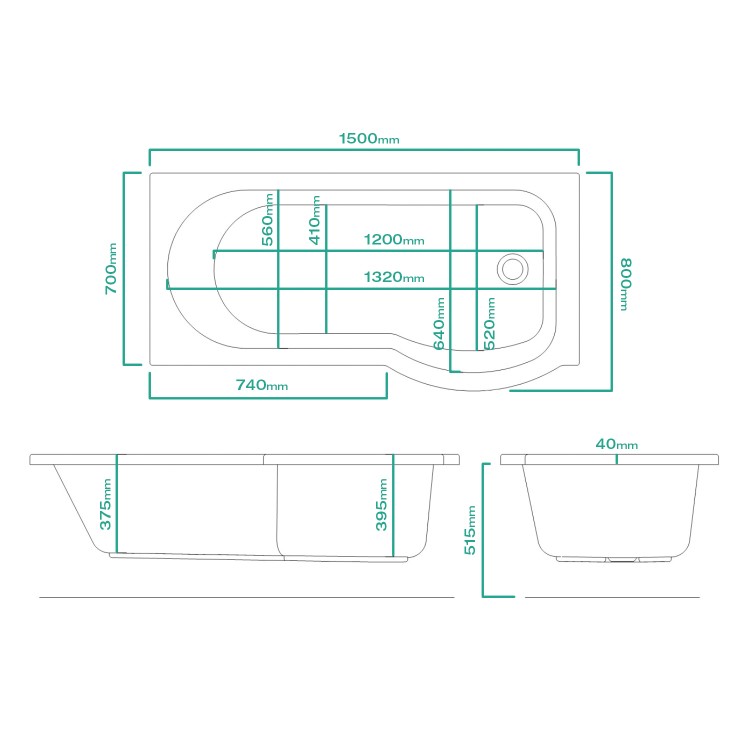Portland Right Hand P Shaped Shower Bath - 1500 x 800 x 700mm