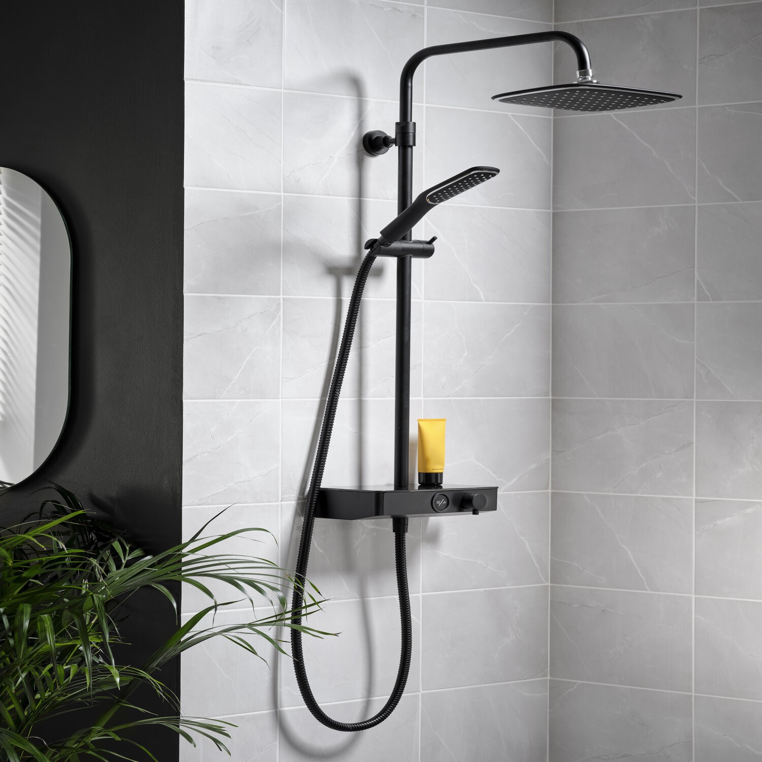 Black Triton Push Button Thermostatic Mixer Bar Shower with Square Overhead & Handset