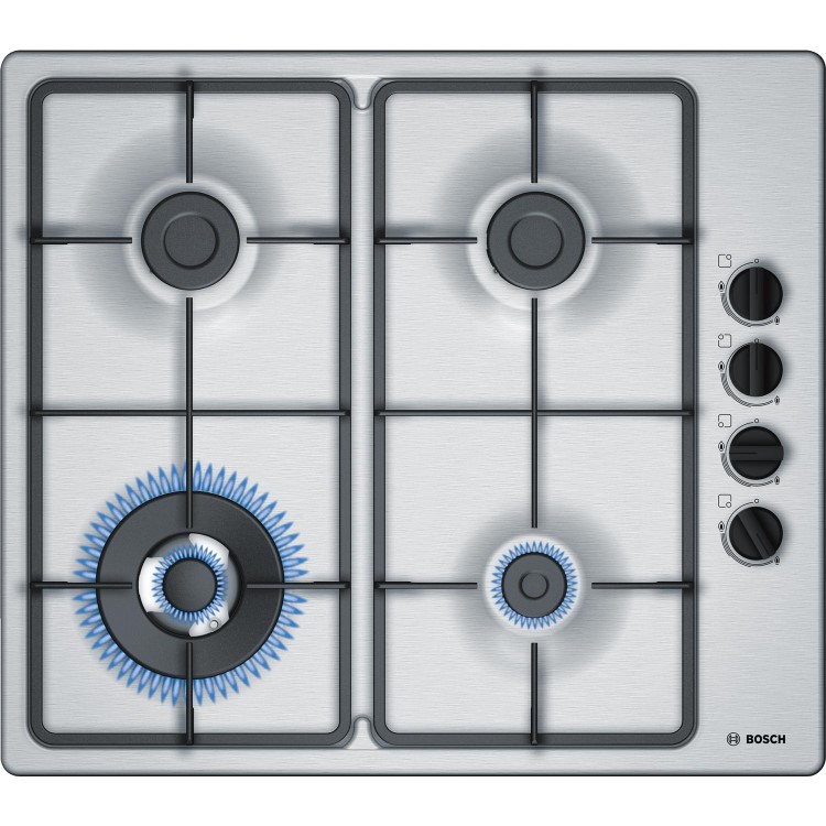 GRADE A2 - Bosch PBH6B5B60 58cm Four Burner Gas Hob With Cast Iron Pan Stands Stainless Steel