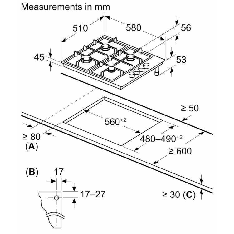 Bosch Series 2 60cm 4 Burner Gas Hob - Stainless Steel