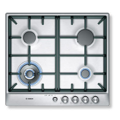 Bosch Display Exxcel 60cm Front control Gas Hob 4 Burners  3.3kW Wok Burner Flame Failure Main Switch Cast Iron Pan Supports Two Piece Burners 