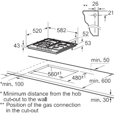 Bosch Display Exxcel 60cm Front control Gas Hob 4 Burners  3.3kW Wok Burner Flame Failure Main Switch Cast Iron Pan Supports Two Piece Burners 