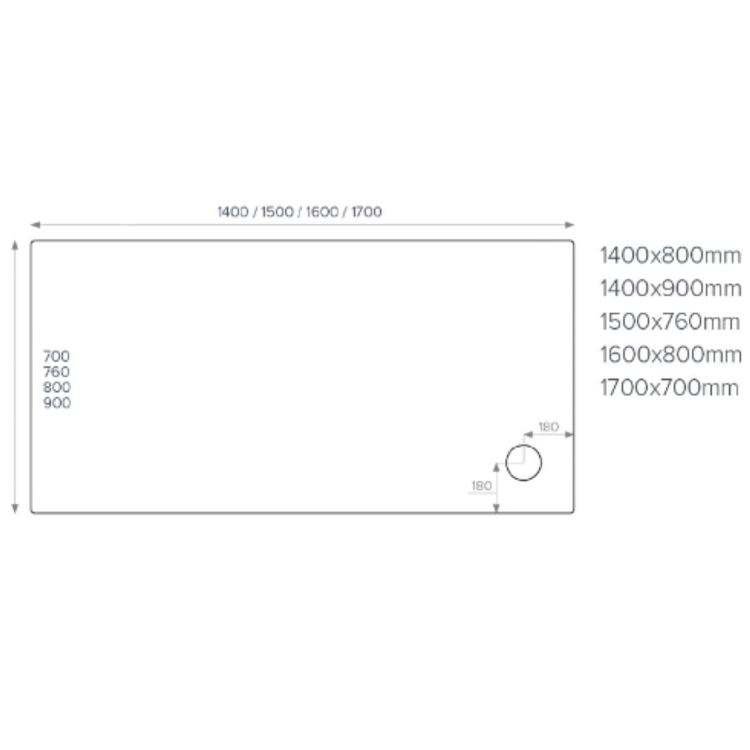 1700x800mm Rectangular Shower Tray - White Acrylic Stone Resin - Pearl
