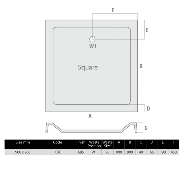 900x900mm Square Shower Tray - Black Acrylic Stone Resin - Pearl