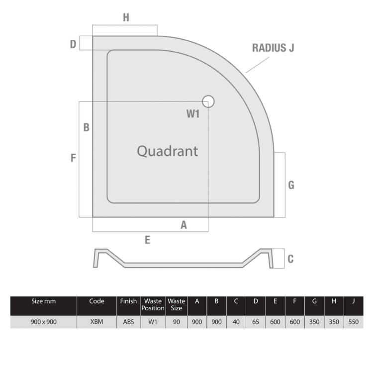 Black 900x900mm Quadrant Shower Tray 45mm - Acrylic Stone Resin - Pearl