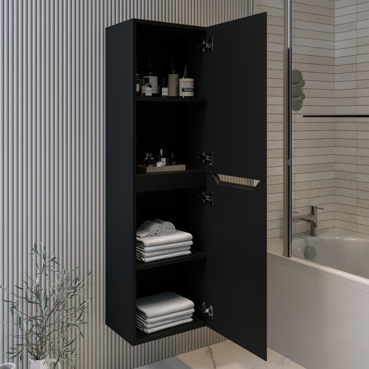 Black Double Door Wall Mounted Tall Bathroom Cabinet 400x1400mm Storage Unit - Pendle