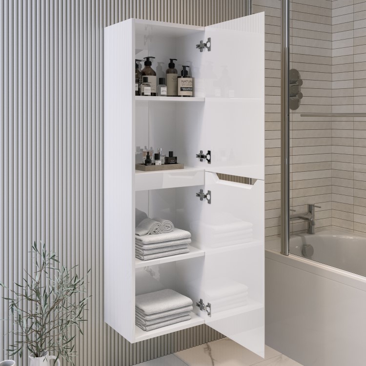 White Double Door Wall Mounted Tall Bathroom Cabinet 400x1400mm Storage Unit - Pendle