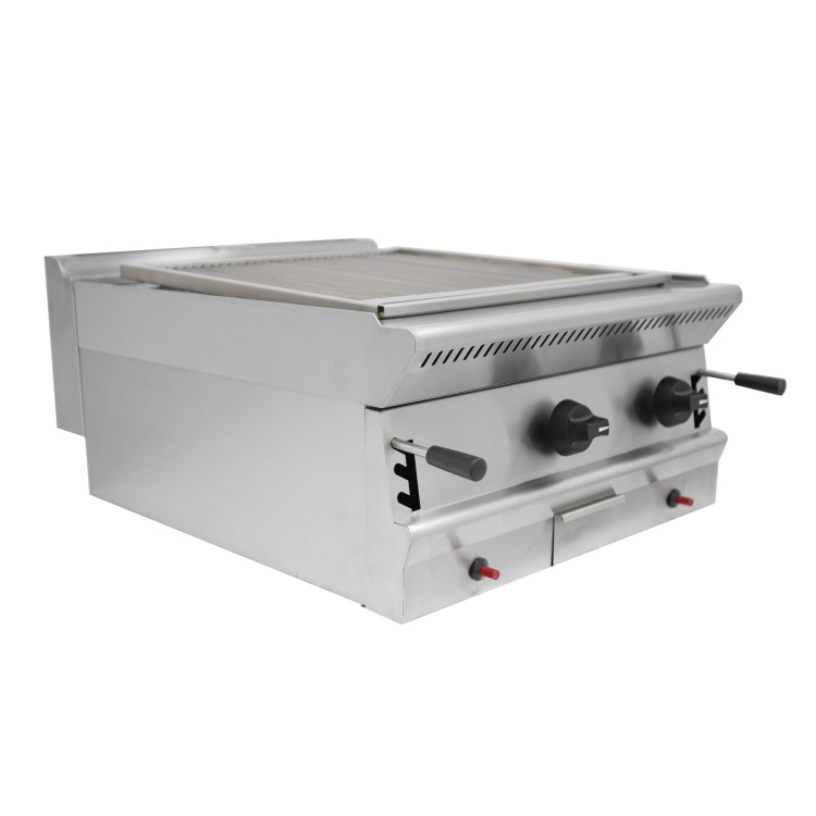 Parry PGC6 Natural Gas Countertop Lave Rock Chargrill. 600mm Wide. 2 Burners. Dual Zone Control. Made In Britain. 2 Years Full Manufacturers warranty