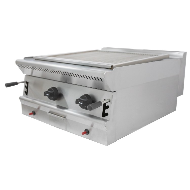 Parry PGC6 Natural Gas Countertop Lave Rock Chargrill. 600mm Wide. 2 Burners. Dual Zone Control. Made In Britain. 2 Years Full Manufacturers warranty